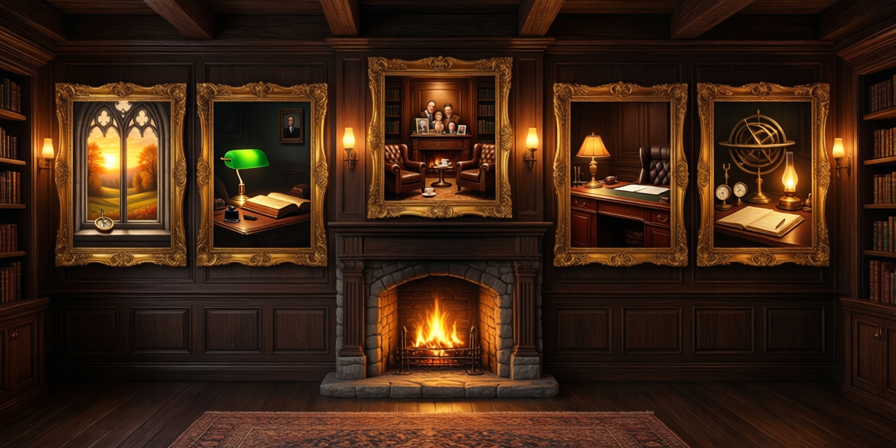 The Lodge — a warm study room with five gold-framed paintings